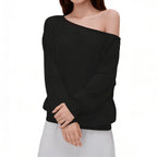 Off-Shoulder Relaxed Fit Knit Pullover Sweater with Long Sleeves and Side Pocket