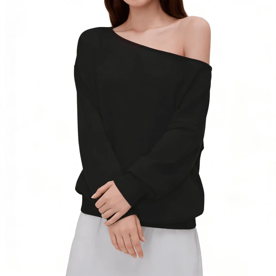 Off-Shoulder Relaxed Fit Knit Pullover Sweater with Long Sleeves and Side Pocket