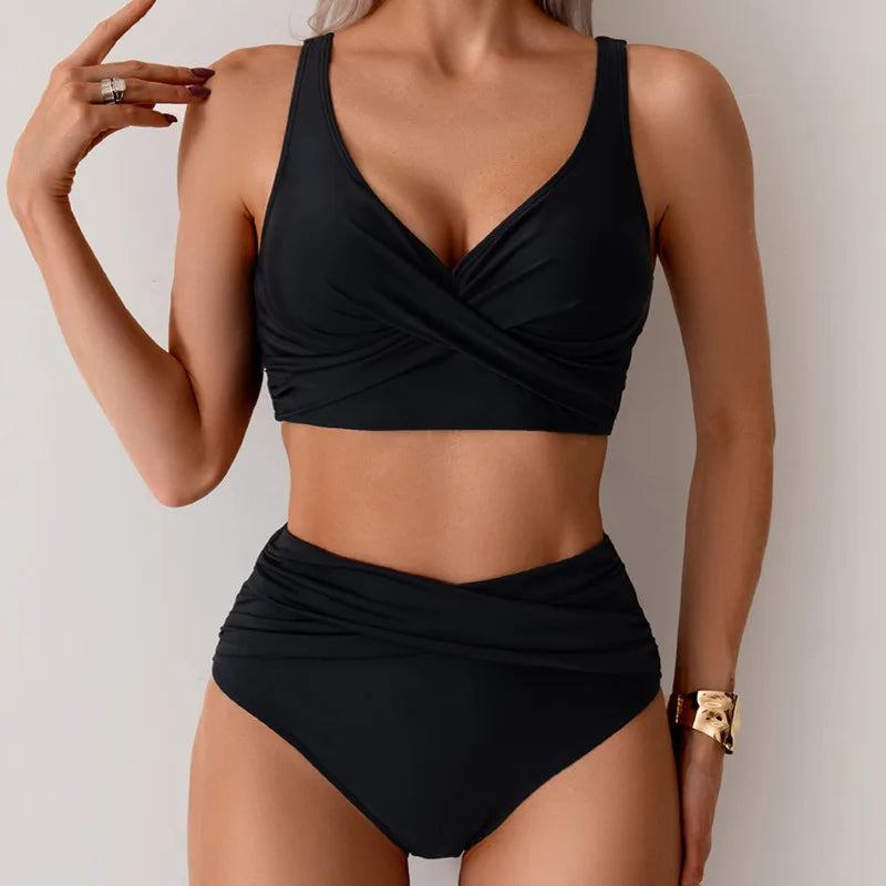 Chocolate Brown Crossover Bralette Swim Set with High-Waisted Bottoms