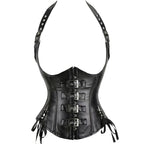 Vintage-Inspired Dark Faux Leather Underbust Corset with Adjustable Halter Straps and Metal Buckles