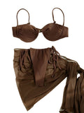 Solid Espresso Underwire Balconette Bikini Set with Sheer Wrap Skirt
