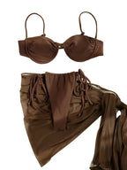 Solid Espresso Underwire Balconette Bikini Set with Sheer Wrap Skirt