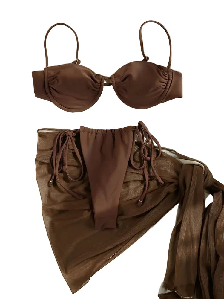 Solid Espresso Underwire Balconette Bikini Set with Sheer Wrap Skirt