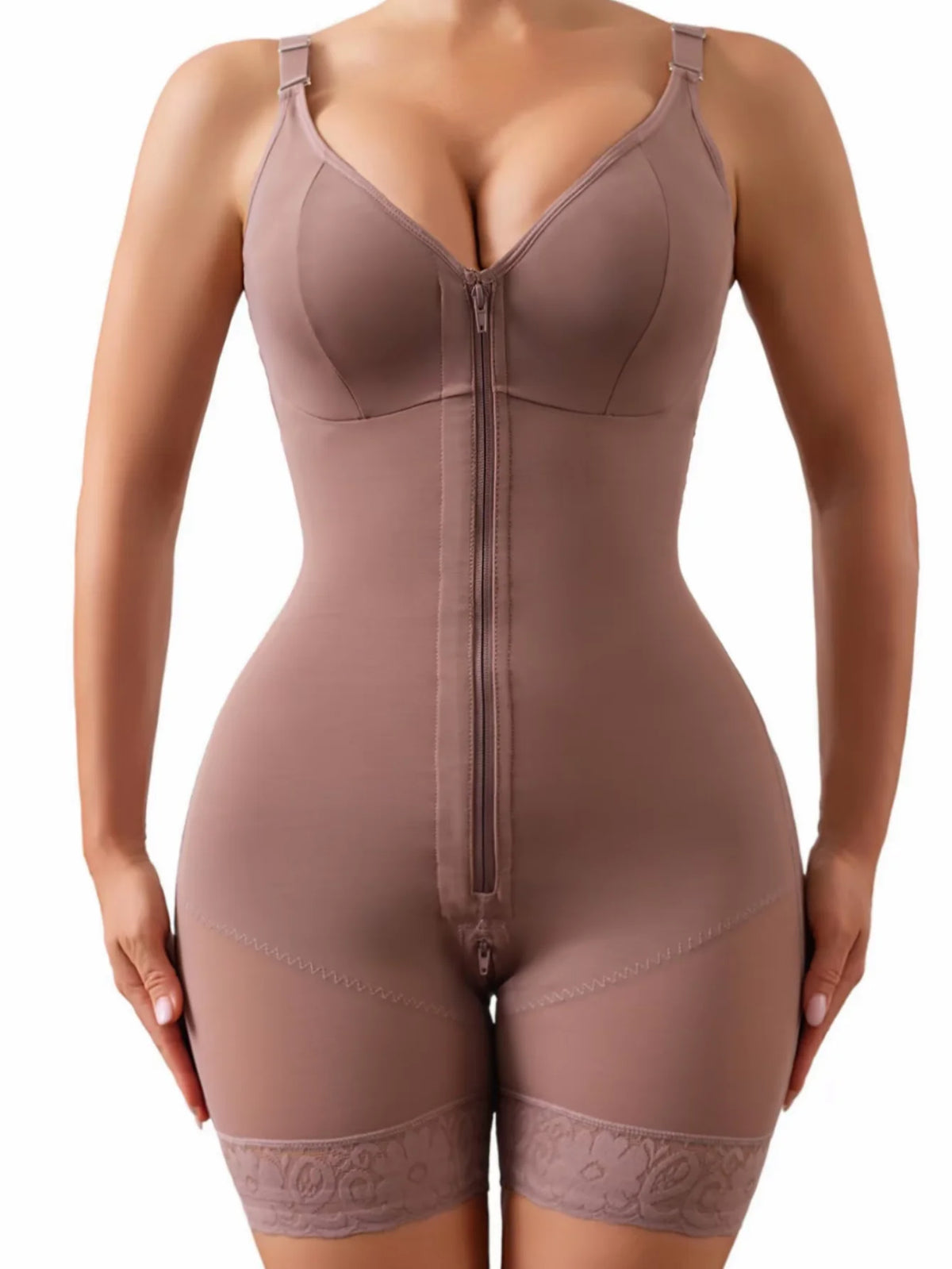 Mocha V-Neck Mid-Thigh Shaping Bodysuit with Front Zipper and Lace Trim