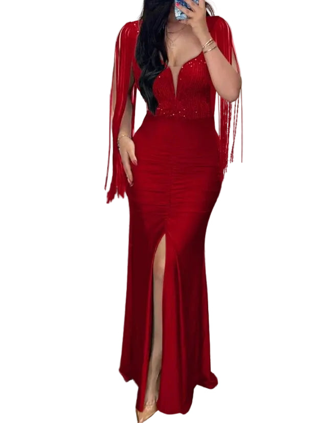 Ruched Sequin Evening Dress With Floor Length Silhouette And Slit