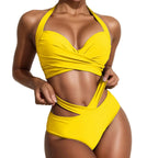 Women's Yellow Ruched Wrap-Front Bikini Set with Halter Neck, High-Waisted Bottom and Cutout Waist Detailing