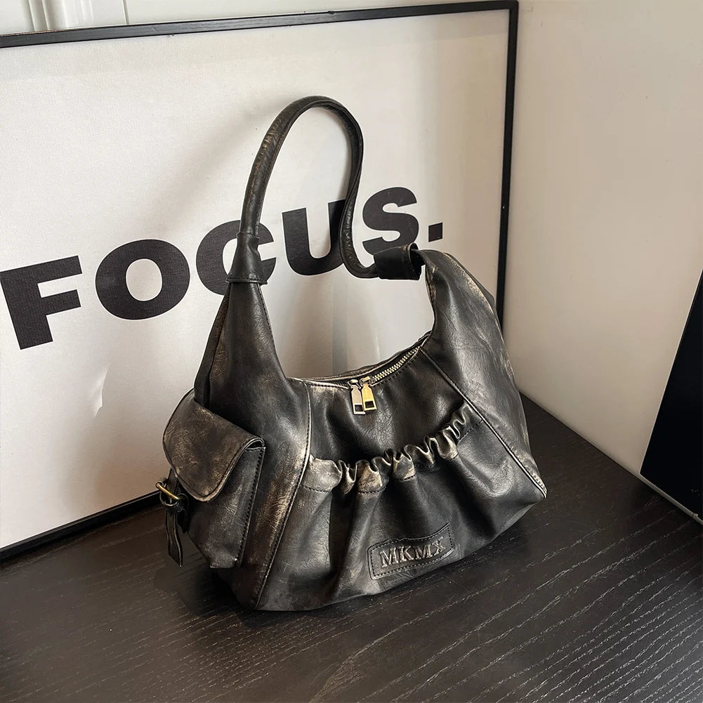 Vintage Half Moon Shoulder Bag with Soft Structured Zip Design