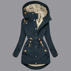 Women's Hooded Fleece-Lined Drawstring Utility Rain Jacket with Windproof Streetwear Outdoor Style