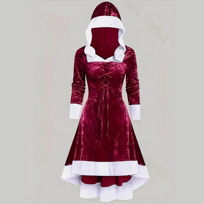Dark Holiday Velvet Hooded Gothic Princess Dress with Flared Skirt