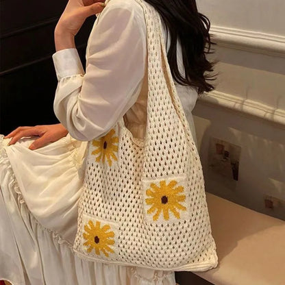 Open Knit Tote Shoulder Bag with Large Capacity Casual Design