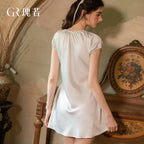 Elegant Silvery Satin-Finish Lounge Dress with Short Puff Sleeves and Tie-Front Bodice
