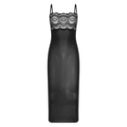 Sheer Black Mesh Bodycon Midi Dress with Floral Lace Bodice