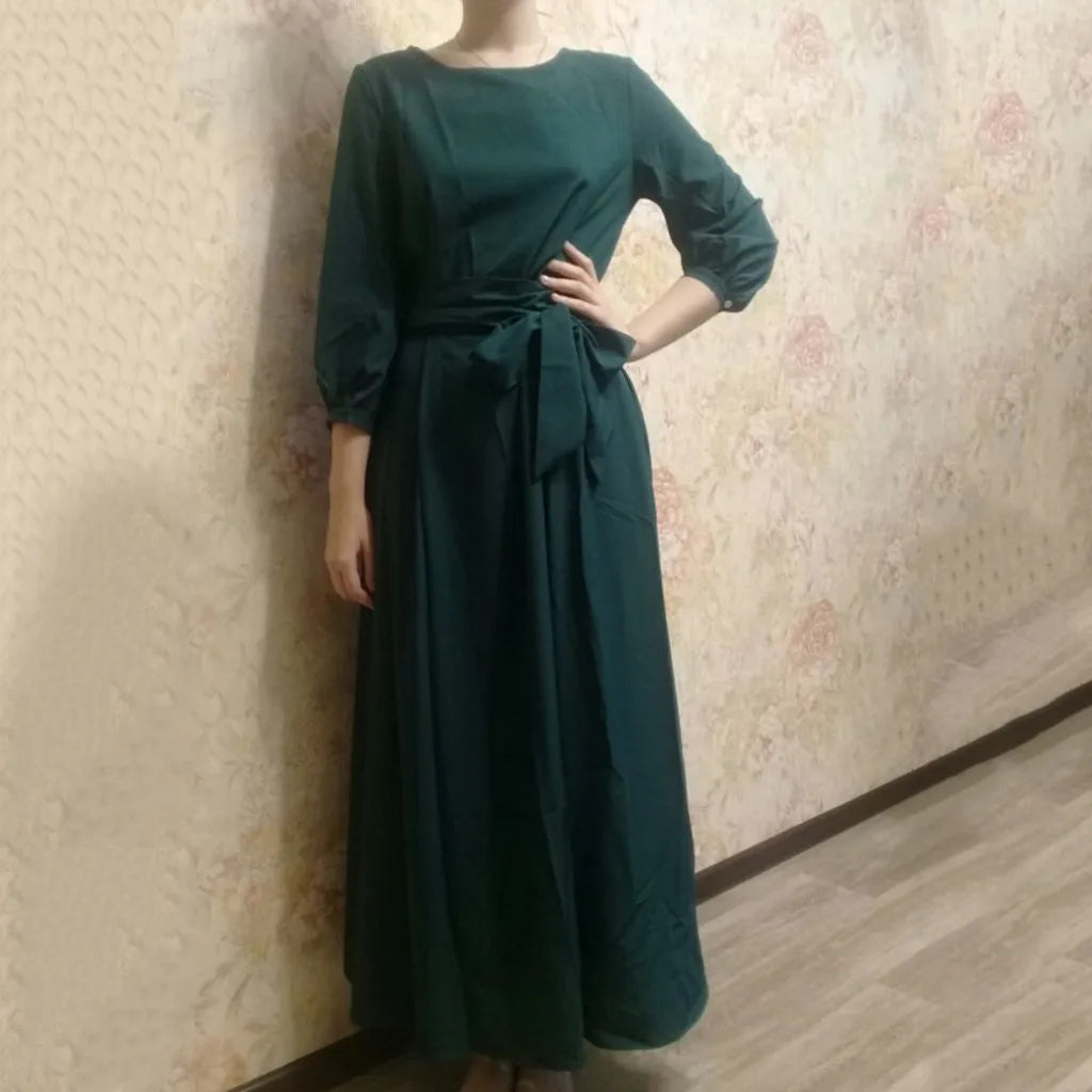 Long Sleeve A-Line Maxi Dress with Defined Waist and Flowing Silhouette