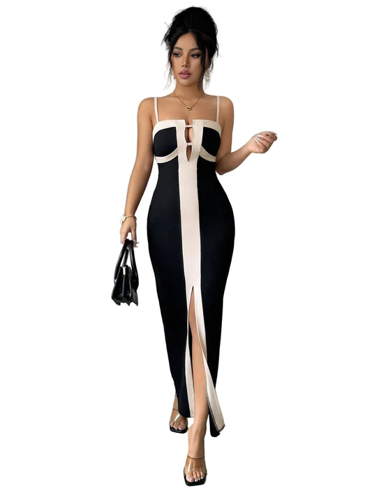 Sculpted Strapless Contrast Panel Evening Dress with Modern Elegance
