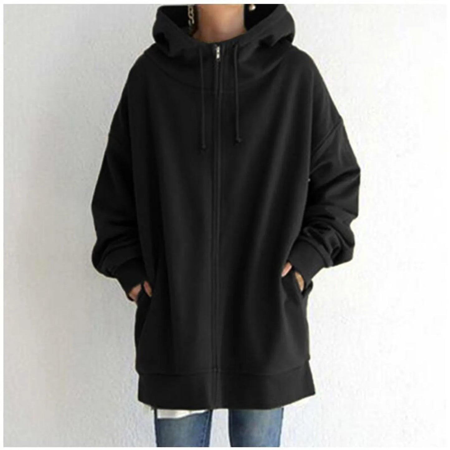 Women's Mid-Length Oversized Hooded Sweatshirt Relaxed Streetwear Pullover with Front Pocket