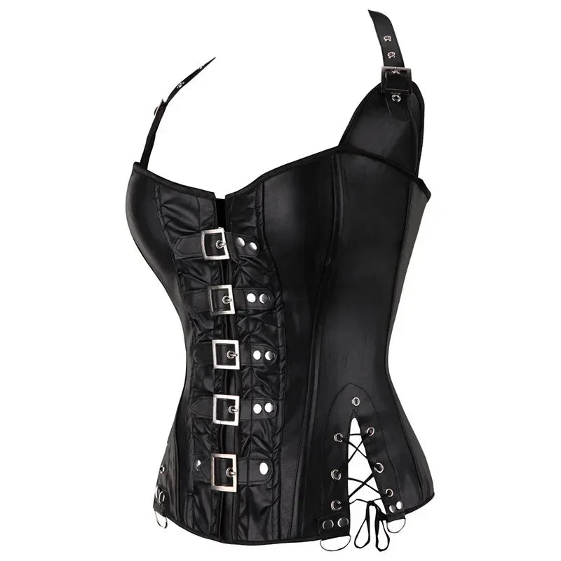 Brown Faux Leather Steampunk Halter Corset with Metal Buckles and Side Lacing