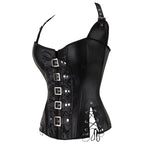 Brown Faux Leather Steampunk Halter Corset with Metal Buckles and Side Lacing