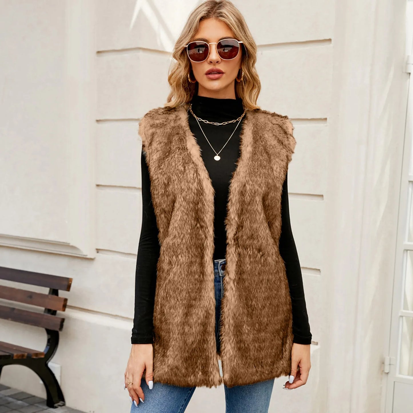 Women's Mid-Length Faux Fur Open Front Vest Cozy Casual Layering Outerwear Jacket