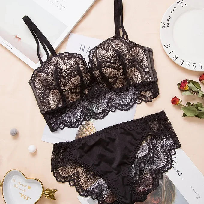Rich Burgundy Scalloped Lace Wire-Free Push-Up Bralette Set
