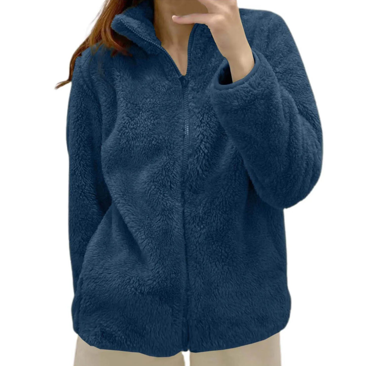 Women's Plush Polar Fleece Zip Jacket with Relaxed Streetwear Layering Fit