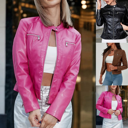 Glossy Moto Style Zip Front Jacket with Contemporary Streetwear Edge