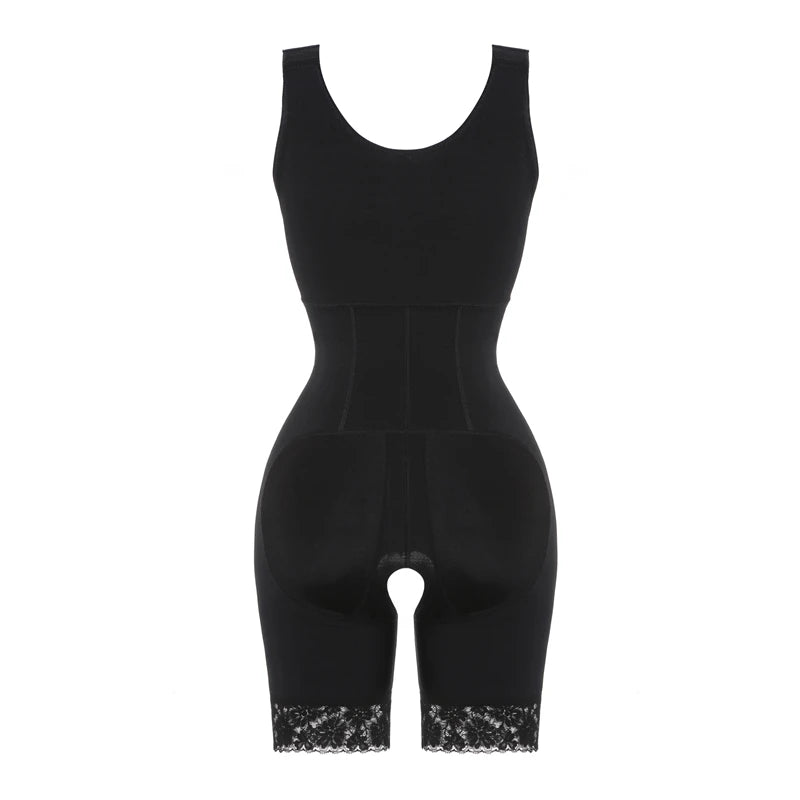 Open-Bust Mid-Thigh Bodysuit with Multi-Row Hook Closure and Lace Hem