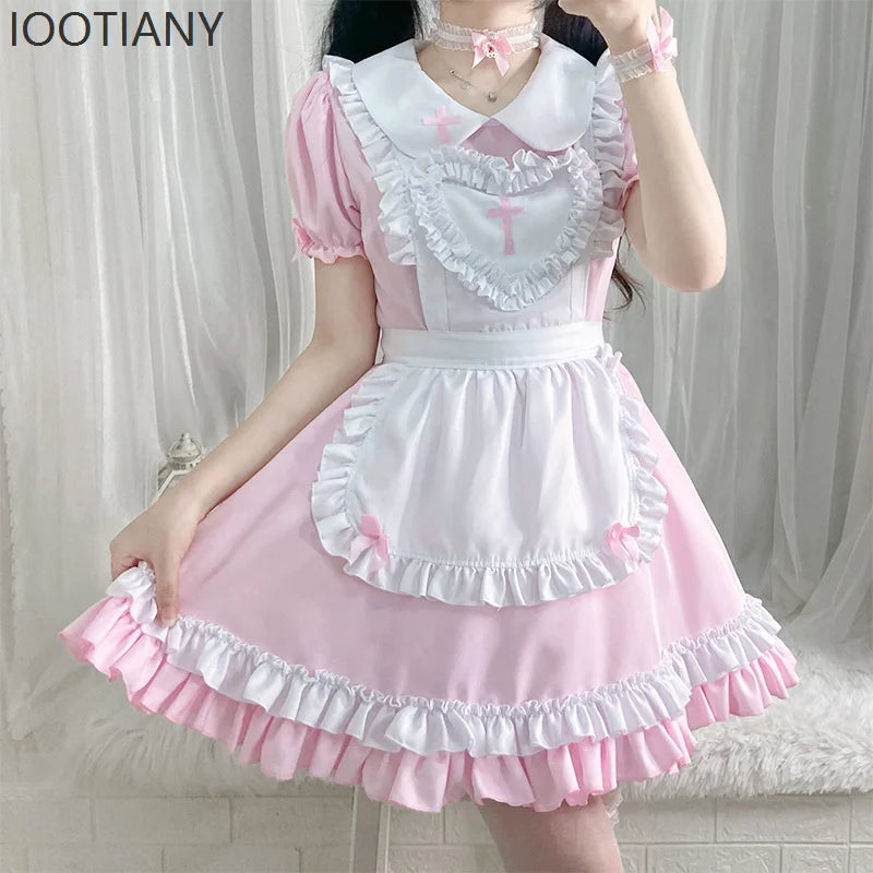 Sweet Pink Lolita Nurse-Maid Cosplay Dress with Cross Emblem and Ruffle Trims