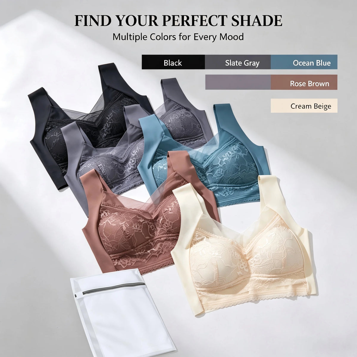 5-Pack Elegant Floral Lace Wire-Free Bras with Wide Straps and Plunging V-Neckline