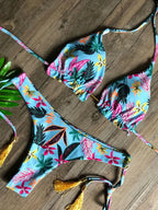 Tropical Palm Print Triangle Bikini Set with Twisted Rope Strap Details