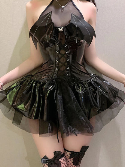 Gothic Vinyl Corset Mini Dress with Layered Alternative Fashion Silhouette