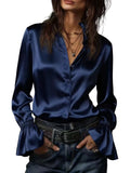 Lustrous V-Neck Satin-Finish Blouse with Dramatic Flared Bell Sleeves