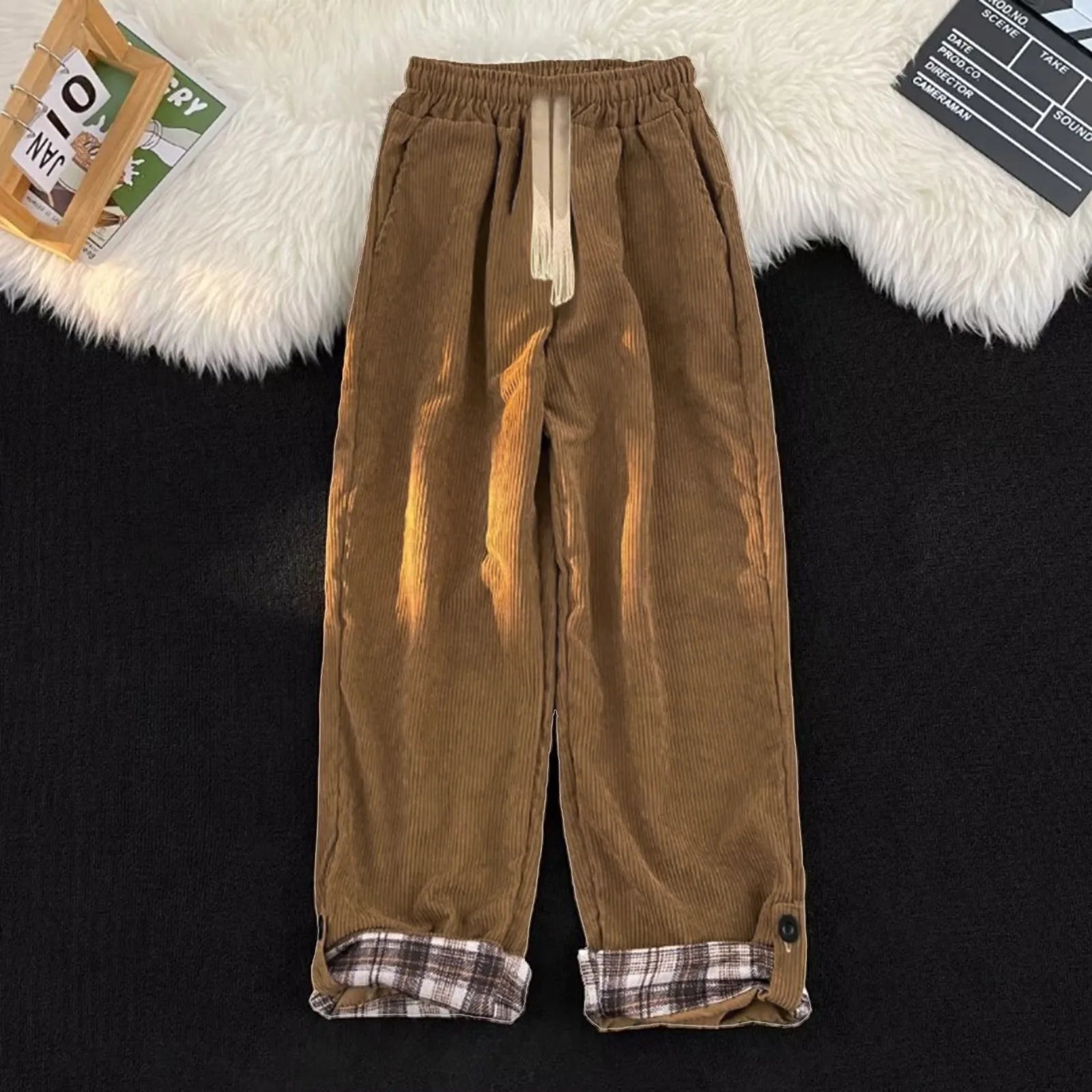 Men's Relaxed Straight Leg Corduroy Style Casual Trousers with Drawstring Waist