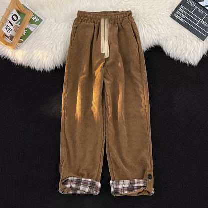 Men's Relaxed Straight Leg Corduroy Style Casual Trousers with Drawstring Waist
