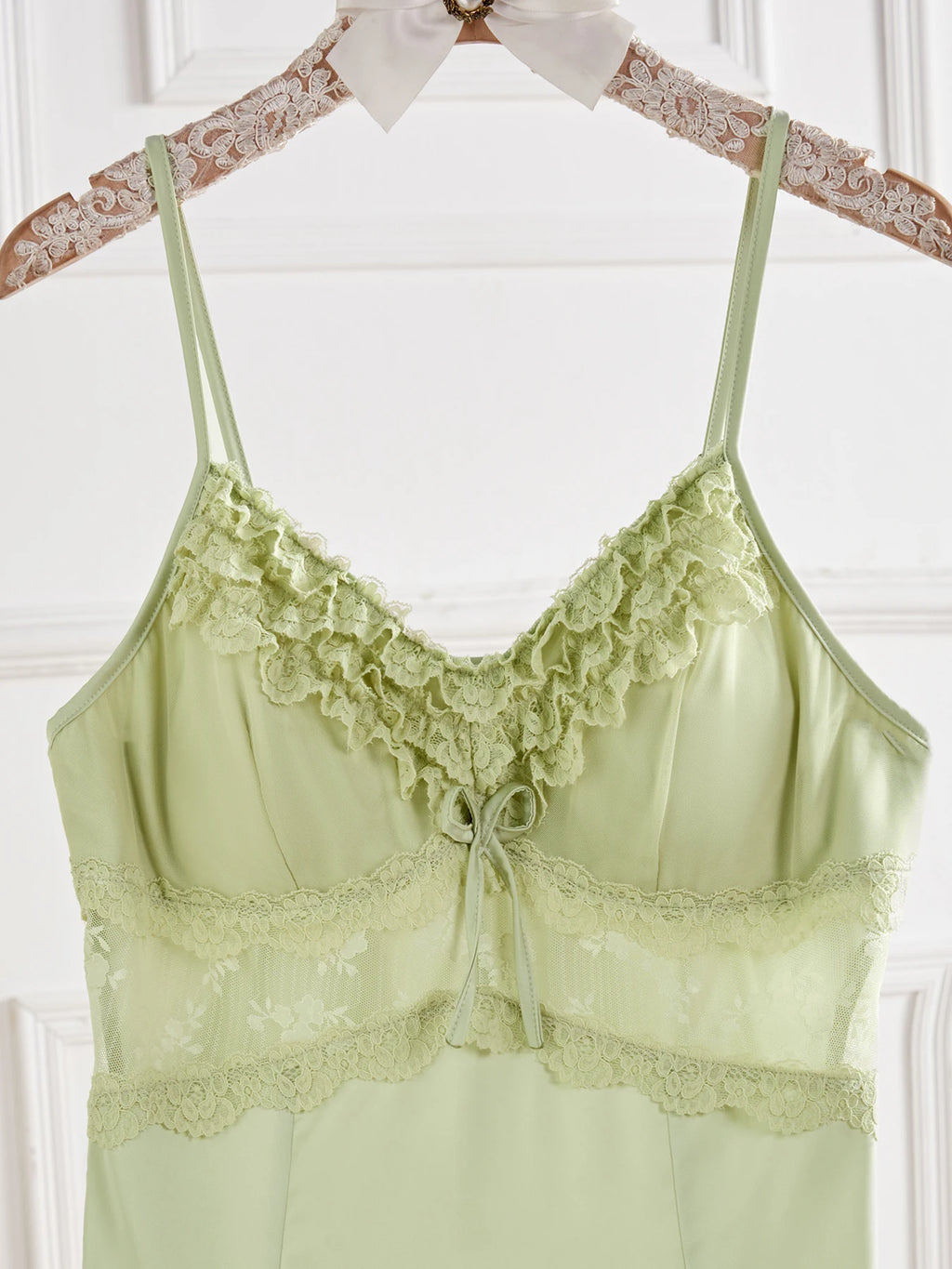 Elegant Mint Green Satin-Finish Slip Dress with Sheer Lace Trim and Flared Hem