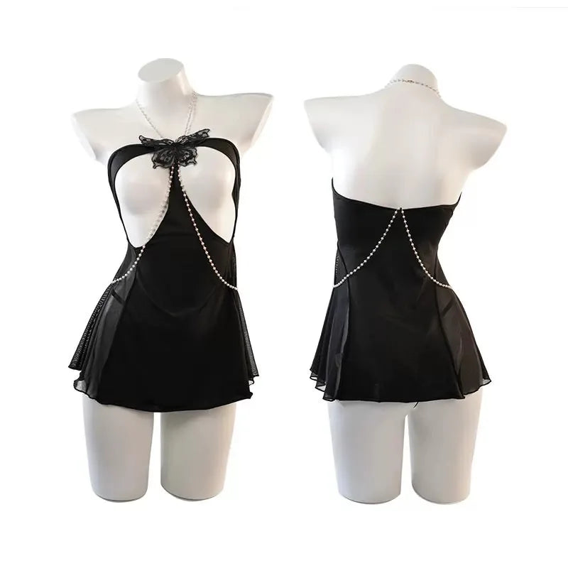 Daring Black Sheer Mini Dress with Open Bodice and Decorative Chain Details