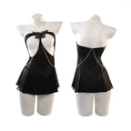 Daring Black Sheer Mini Dress with Open Bodice and Decorative Chain Details