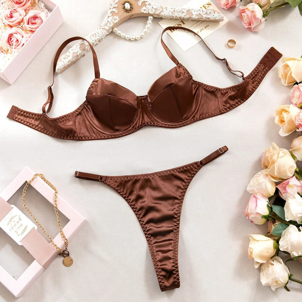Lustrous Ruched Satin Demi Bra and Minimalist String Thong Set
