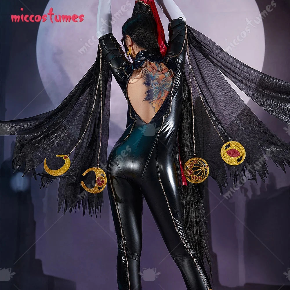 Women's Backless Faux Leather Bodysuit with Long Gloves and Layered Fashion Accessories Set