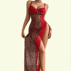 Bold Leopard Print and Red Lace Asymmetrical Maxi Dress with High Side Slit