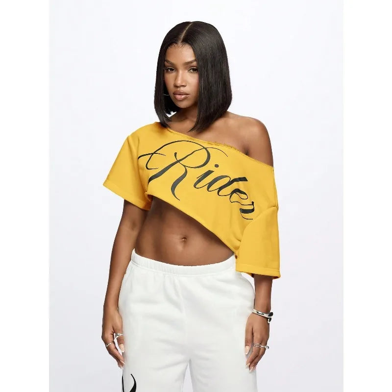 Women's Asymmetric Off Shoulder Graphic Crop T-Shirt for Modern Streetwear and Casual Everyday Style