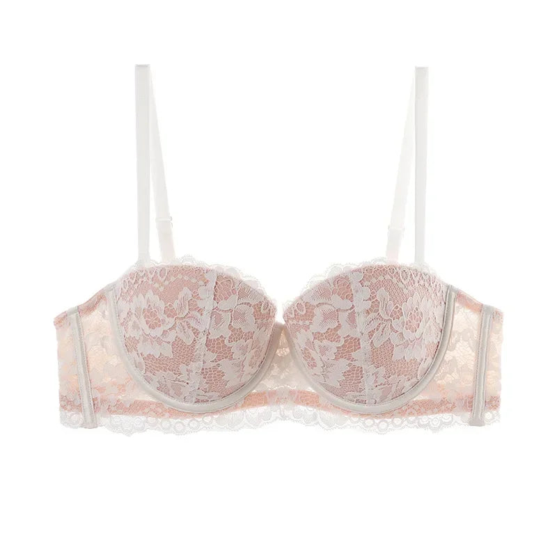 Romantic Half-Cup Balconette Bra with Intricate Floral Lace Overlay
