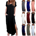 Oversized Short Sleeve Maxi Dress with Side Slit Relaxed Silhouette