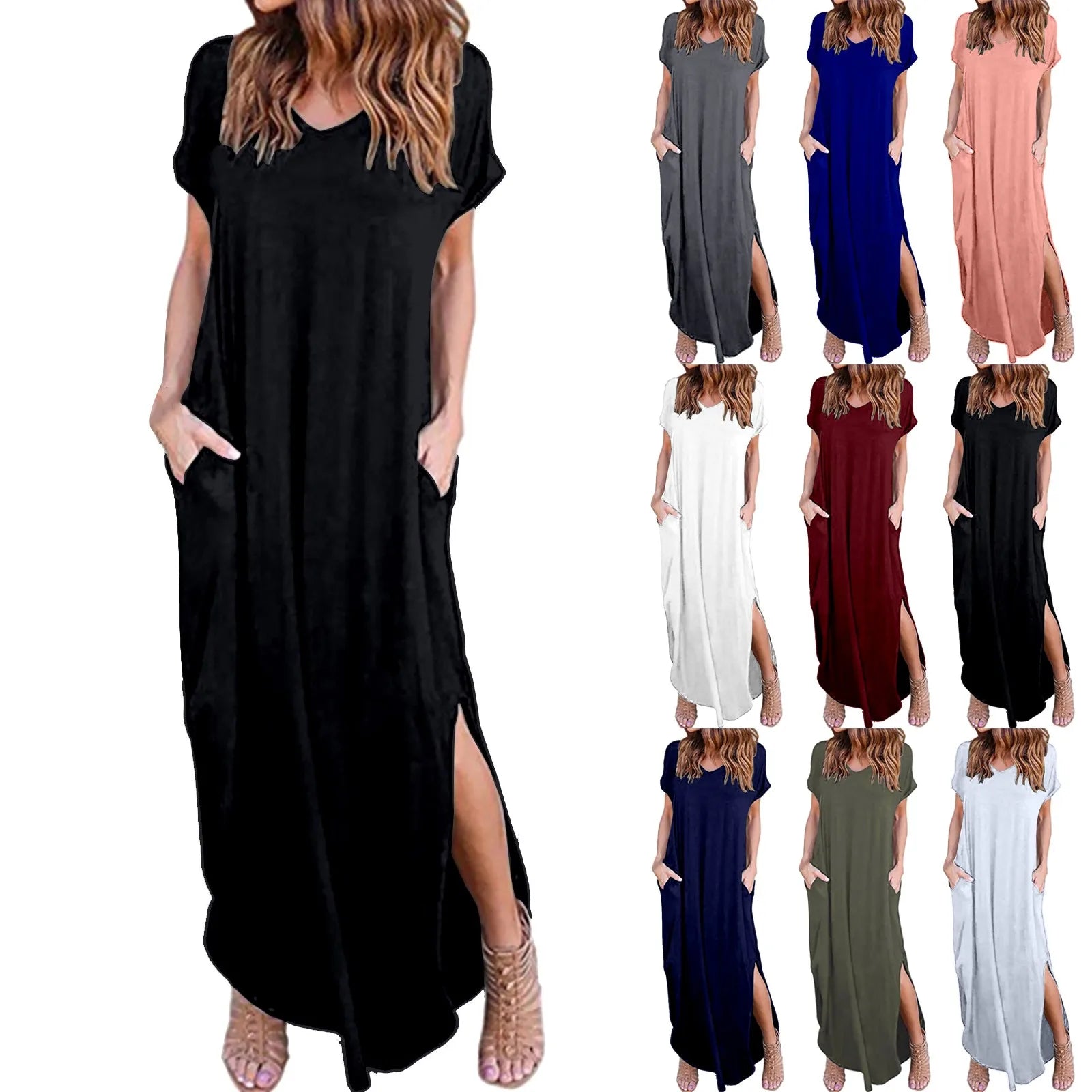 Oversized Short Sleeve Maxi Dress with Side Slit Relaxed Silhouette