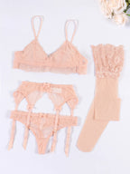 Romantic Red Floral Lace Bralette and Garter Lingerie Set with Matching Stockings