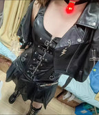 Faux Leather Overbust Harness Corset with Metallic Buckles and Zipper Detail