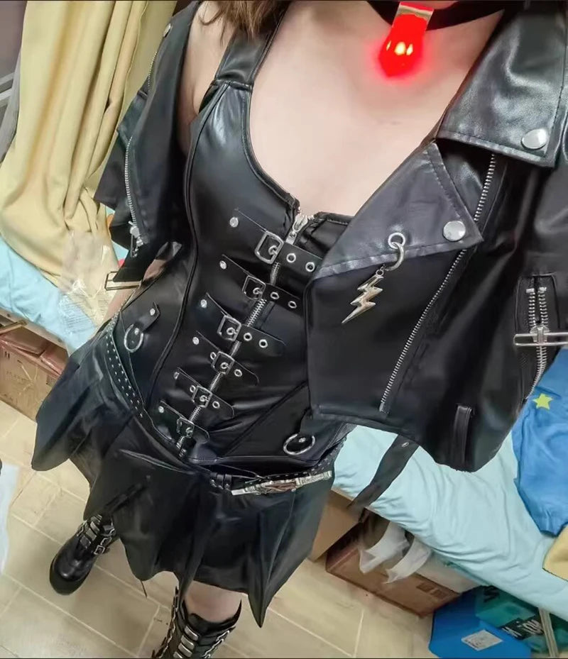 Faux Leather Overbust Harness Corset with Metallic Buckles and Zipper Detail