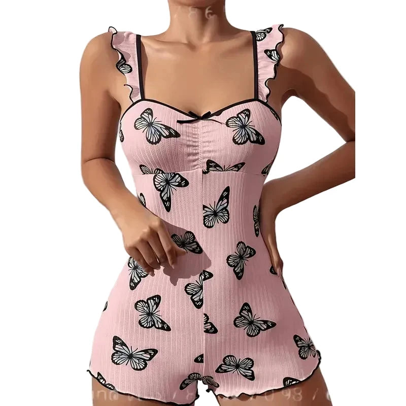 Playful Butterfly Print Sleepwear Romper with Ruffled Straps and Lace Back Detail
