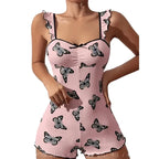 Playful Butterfly Print Sleepwear Romper with Ruffled Straps and Lace Back Detail