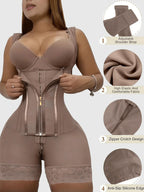 Mocha Open-Bust Shaping Bodysuit with Zip Closure and Lace Hem