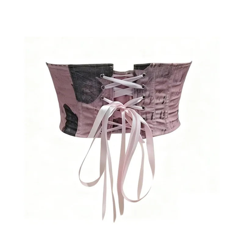 Romantic Blush Pink Satin Corset Top with Black Lace Cups and Front Zipper